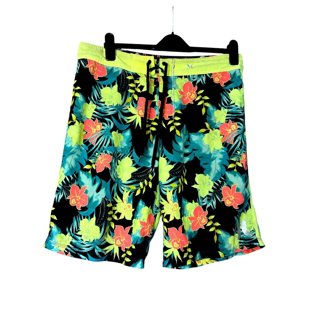 Hurley Mens Bright Phantom Board Shorts Sz L Hawaiian Floral Neon Surf Beachy